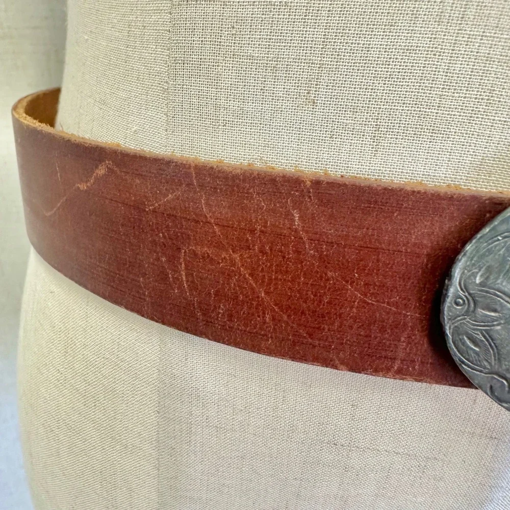Nice Leather Brown Distressed Belt Seafoam Green Marbled Western Buckle Large‎